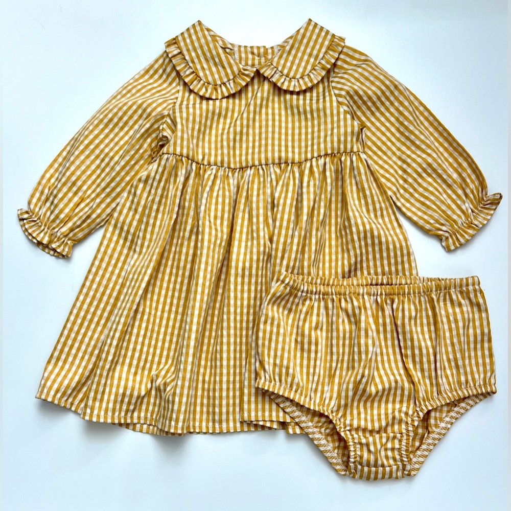 Starting Out Gold Gingham Peter Pan Collar Dress + Bloomer Set, Size 12M